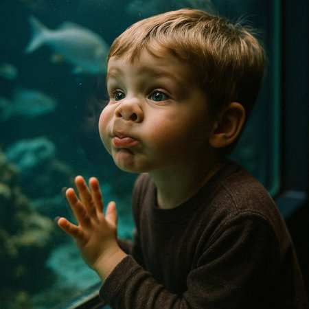 Portrait of a little boy in the aquarium. Shallow depth of field.