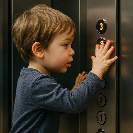Little boy opening elevator door and looking at lightbulb with question mark
