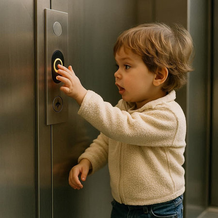 Cute little boy standing near elevator and pressing the elevator button.