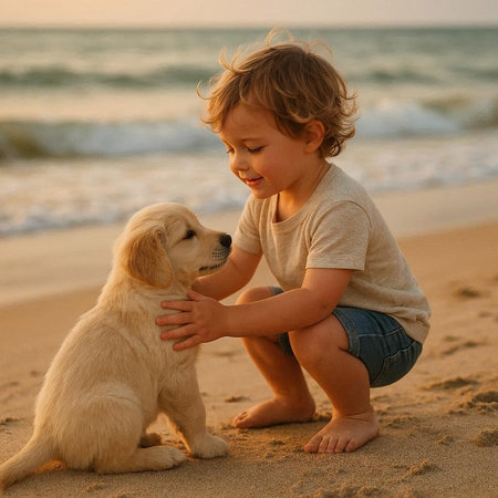 Little boy playing with golden retriever puppy on the beach at sunset