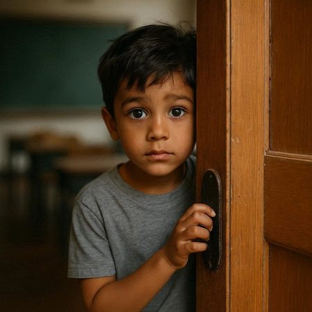 Portrait of a little boy looking at the camera while standing in front of a door