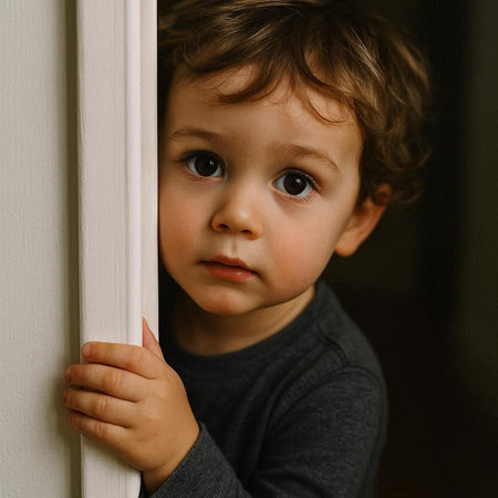 Portrait of a little boy looking out from behind a door.