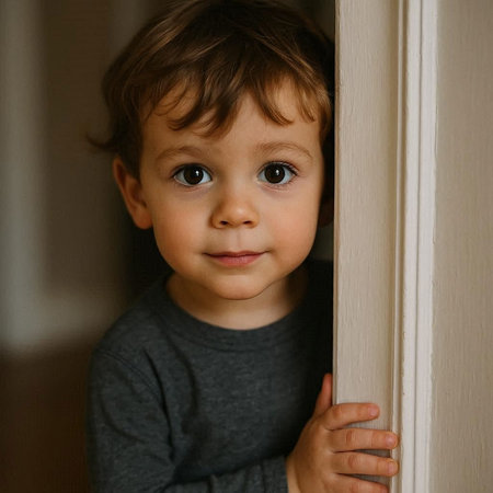 Portrait of a cute little boy looking out of the door.
