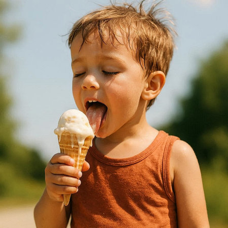 Happy boy eating ice cream outdoors in summer day. Closeup portrait