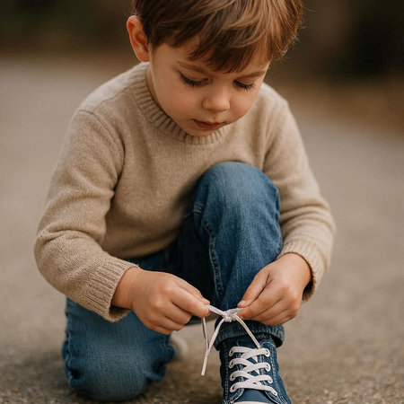 Cute little boy tying shoelaces on his sneakers outdoors.の写真素材