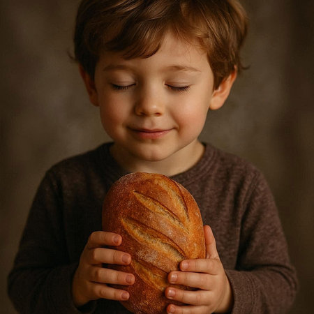 Cute little boy holding bread in his hands on a dark backgroundの写真素材