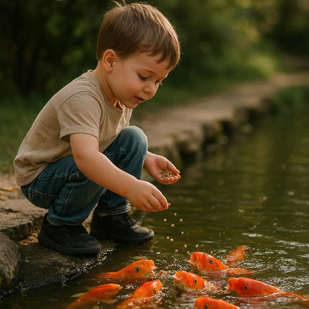 Little boy feeding goldfishes in the pond. Child feeding fish.