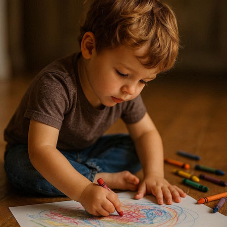 Cute little boy drawing with colorful crayons on the floor at home