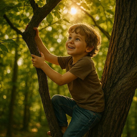 Little boy climbing a tree in the forest at sunset. Happy child playing outdoors