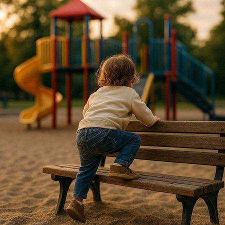 A little girl is sitting on a wooden bench in the park.