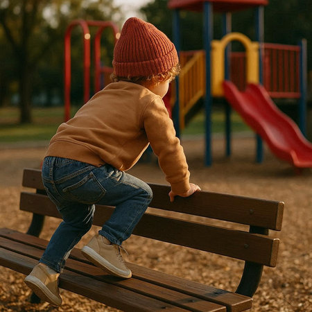 Little boy playing on a playground in autumn. The child is wearing a brown jacket and jeans.