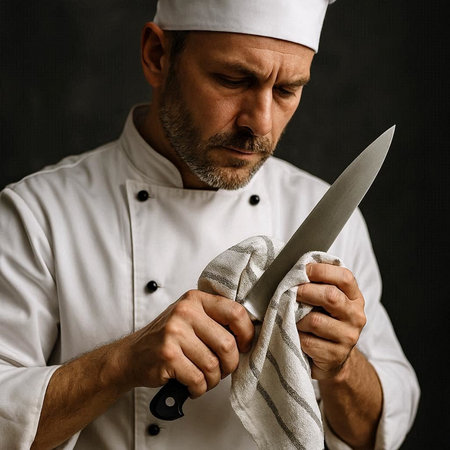 Close-up portrait of a chef with a knife in his hands