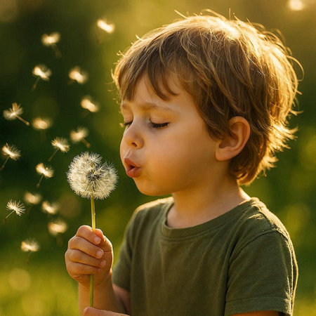 Cute little boy blowing dandelion on sunny summer day.