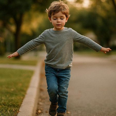 A little boy in a gray sweater and jeans walks on the street.
