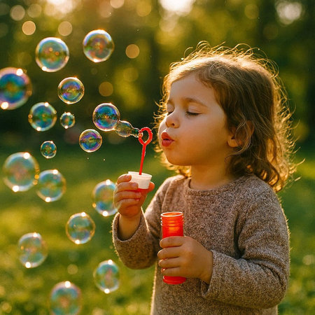 Little girl playing with soap bubbles in the park. Happy childhood.