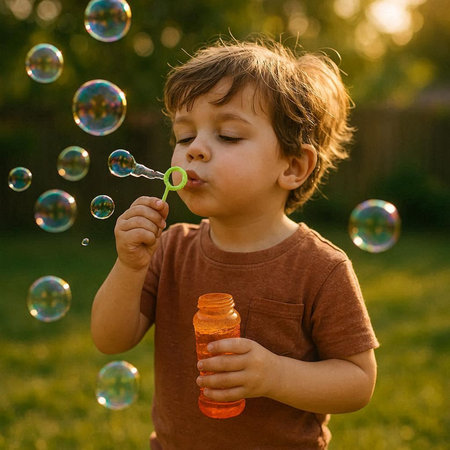 Cute little boy blowing soap bubbles in the garden at sunset.