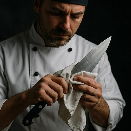 Chef in a white uniform with a knife on a black backgroundの写真素材