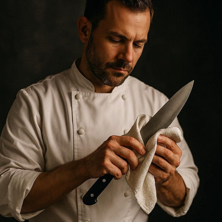 Portrait of a chef in a white shirt with a knife.