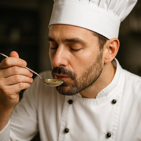 Chef in a white shirt and hat with a spoon of oil