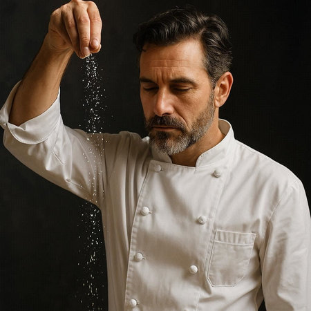 Portrait of a bearded male chef sprinkling water on a black background