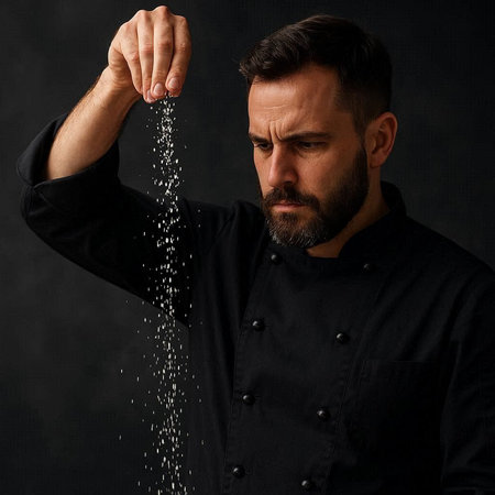 Portrait of a bearded male chef sprinkling salt on black backgroundの写真素材