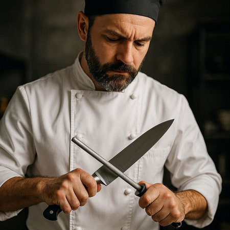Portrait of a bearded male chef with a knife in his hands.の写真素材