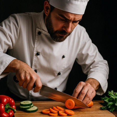 Chef cutting vegetables on a wooden board on a black background.