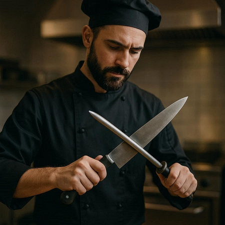 Portrait of a bearded male chef in black uniform holding a knife.の写真素材