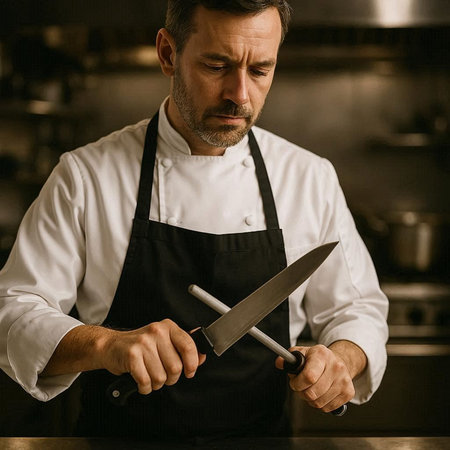 Portrait of a serious male chef holding a knife while standing in a restaurant kitchen