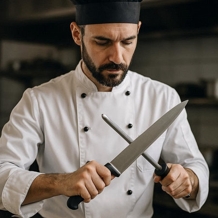 Portrait of serious male chef holding knives while standing in restaurant kitchen