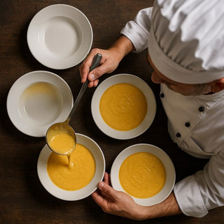 top view of male cook in white uniform making pumpkin soup on wooden tableの写真素材