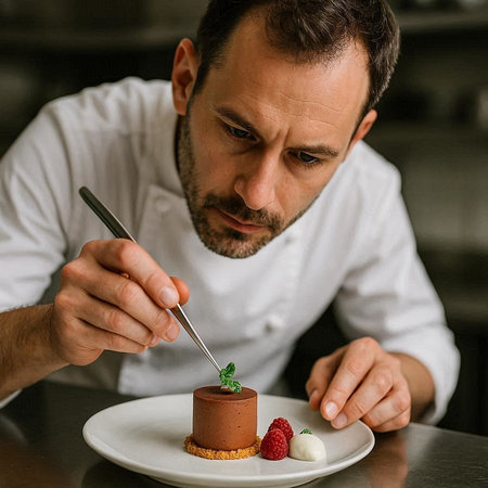Handsome man eating chocolate cake with fresh strawberries and mint.