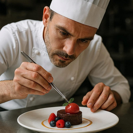Close-up portrait of a handsome male chef in white uniform decorating dessert with berries.