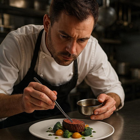 Handsome chef in a white apron decorates a plate with a piece of beef