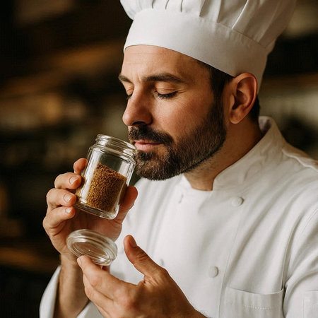 Handsome bearded male chef in uniform and hat holding glass jar with spices.