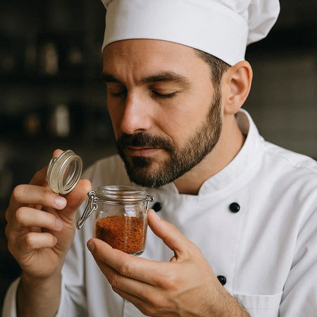 Portrait of a bearded male chef in a white uniform holding a jar with ground pepper.