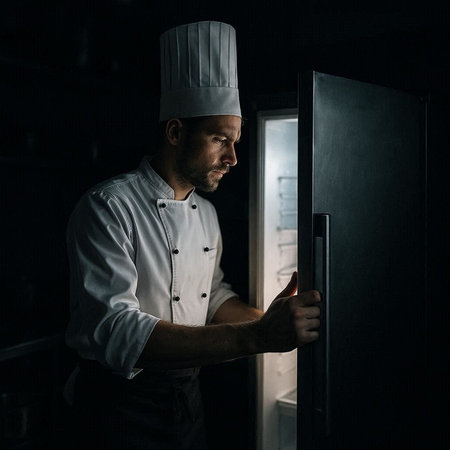 Portrait of a male chef standing in front of a door.