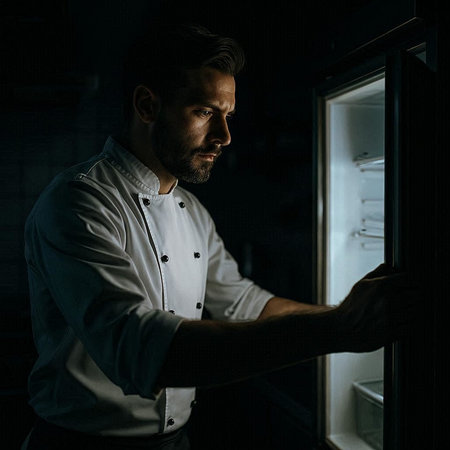 Handsome bearded man in white shirt looking out of the window at night