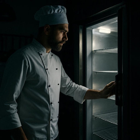 Portrait of a male chef in a white uniform standing in the kitchen at night.