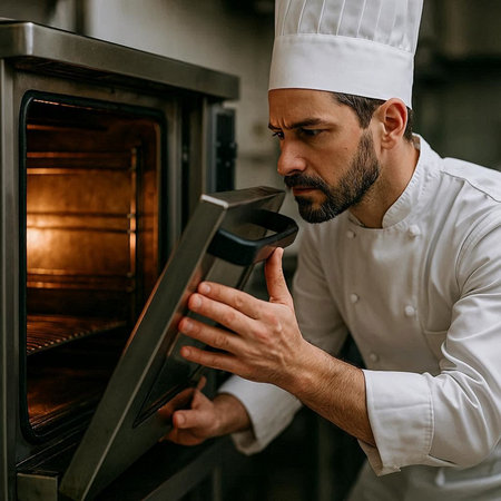 chef in a white uniform and hat is cooking in the oven