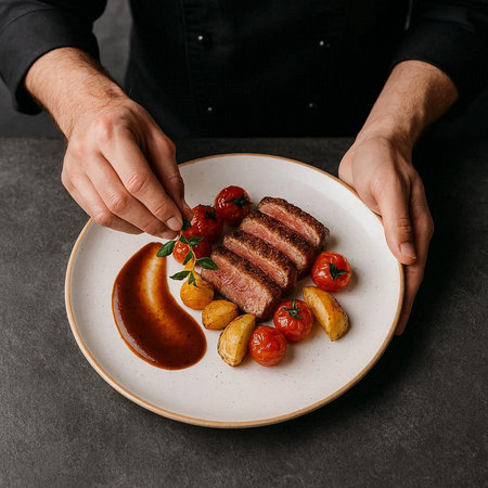 Male chef in a black shirt is holding a plate of grilled meat with potatoes and tomatoes