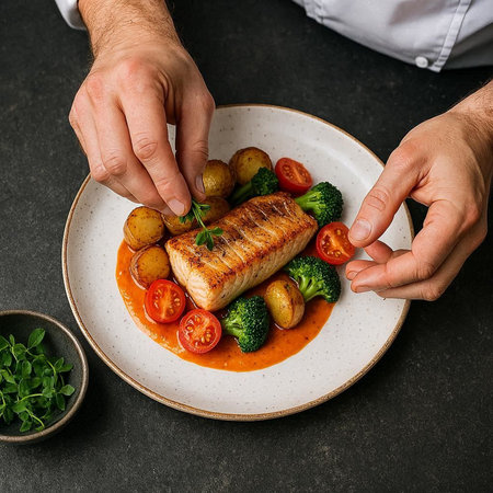 Hands of a chef decorating salmon fillet with vegetables on a plate