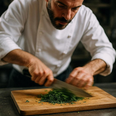 Chef cutting herbs on a wooden board in a restaurant kitchen.