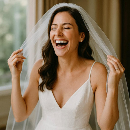 Beautiful bride in wedding dress posing and smiling while preparing for the wedding ceremony