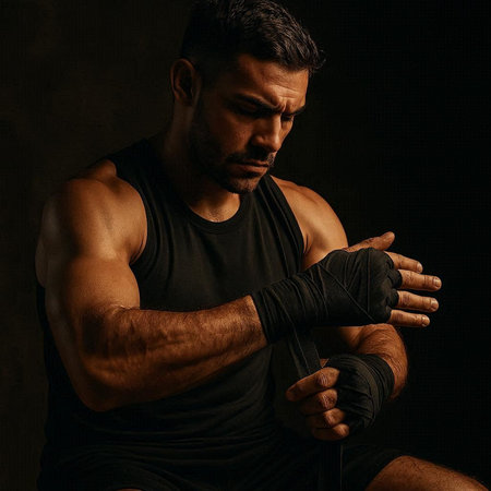 Handsome muscular boxer in black t-shirt and gloves. Studio shot over dark background.