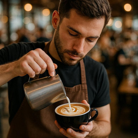 handsome barista pouring milk in cup of latte art coffee