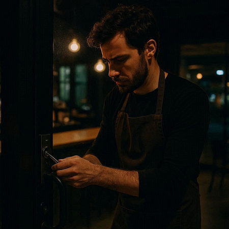 Portrait of a handsome barista in apron opening door at night.