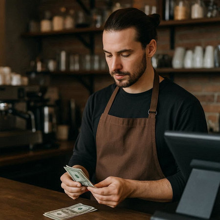 handsome barista counting dollar banknotes at counter in coffee shop