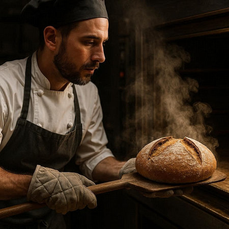 Handsome male baker holding a loaf of bread in his bakery