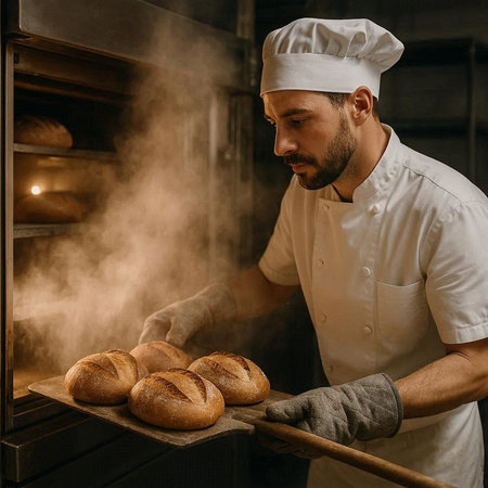 Portrait of a male baker preparing bread in the oven at the bakery.